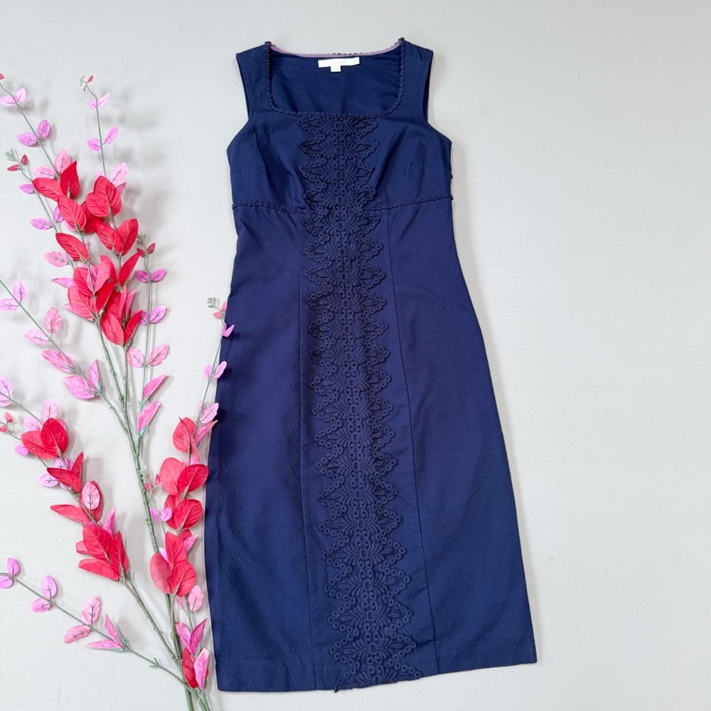 BODEN navy blue crochet lace sheath dress, US 4L.
